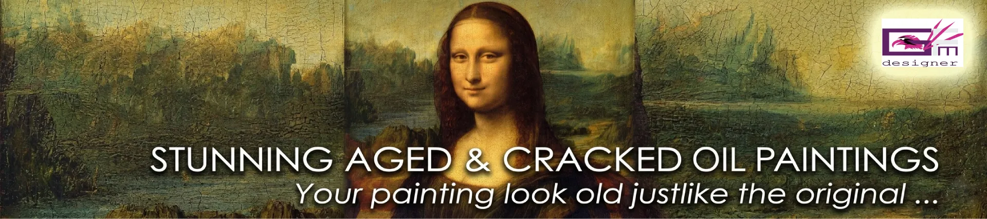 Mona Lisa oil painting shown with aged, cracked texture resembling an antique artwork.